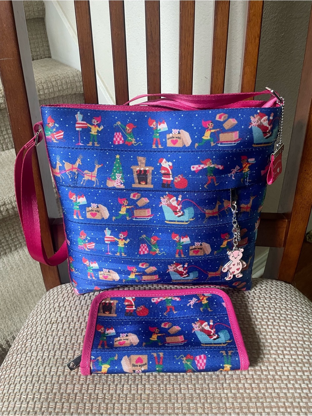 Harveys Santa's Workshop Blue Holiday Print Crossbody Bag with Matching Wallet